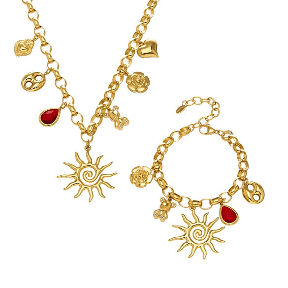 Wholesale Light Luxury Electroplated Stainless Steel Spiral Sun Bear Zircon Multipendant Necklace And Bracelet Set For Women