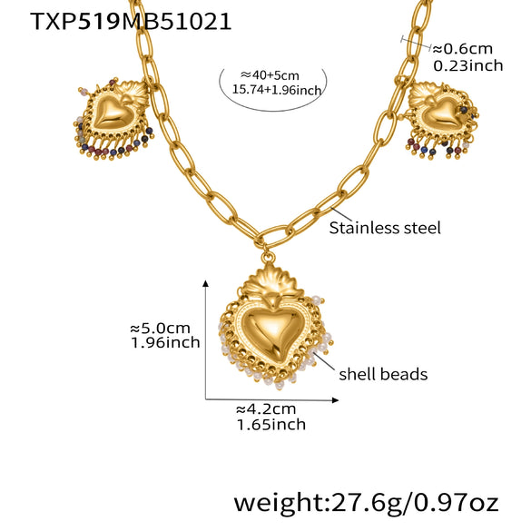 Wholesale Light Luxury Electroplated Stainless Steel Tassel Crown Heart Print Multiaccessory Pendant Necklace And Earrings Set For Women