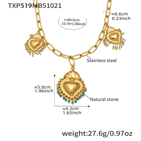 Wholesale Light Luxury Electroplated Stainless Steel Tassel Crown Heart Print Multiaccessory Pendant Necklace And Earrings Set For Women
