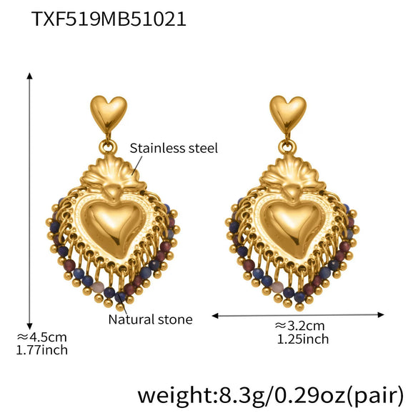 Wholesale Light Luxury Electroplated Stainless Steel Tassel Crown Heart Print Multiaccessory Pendant Necklace And Earrings Set For Women