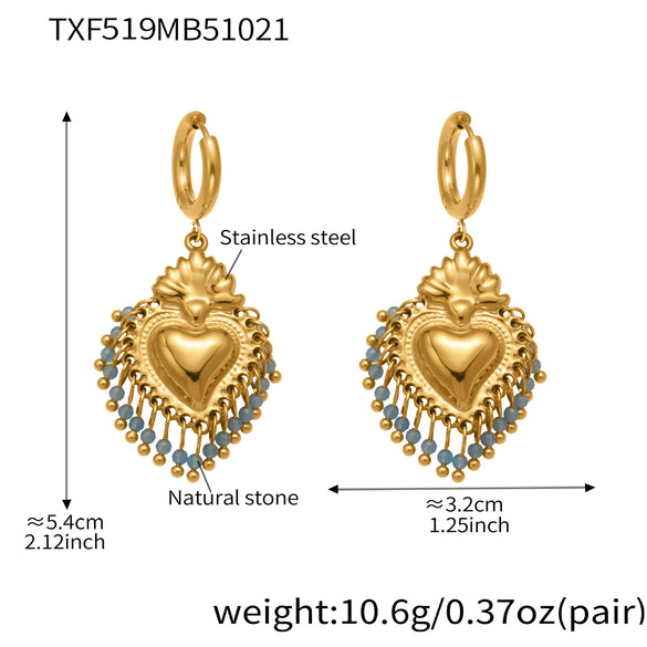 Wholesale Light Luxury Electroplated Stainless Steel Tassel Crown Heart Print Multiaccessory Pendant Necklace And Earrings Set For Women