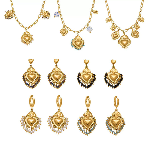 Wholesale Light Luxury Electroplated Stainless Steel Tassel Crown Heart Print Multiaccessory Pendant Necklace And Earrings Set For Women