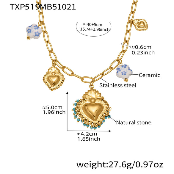 Wholesale Light Luxury Electroplated Stainless Steel Tassel Crown Heart Print Multiaccessory Pendant Necklace And Earrings Set For Women