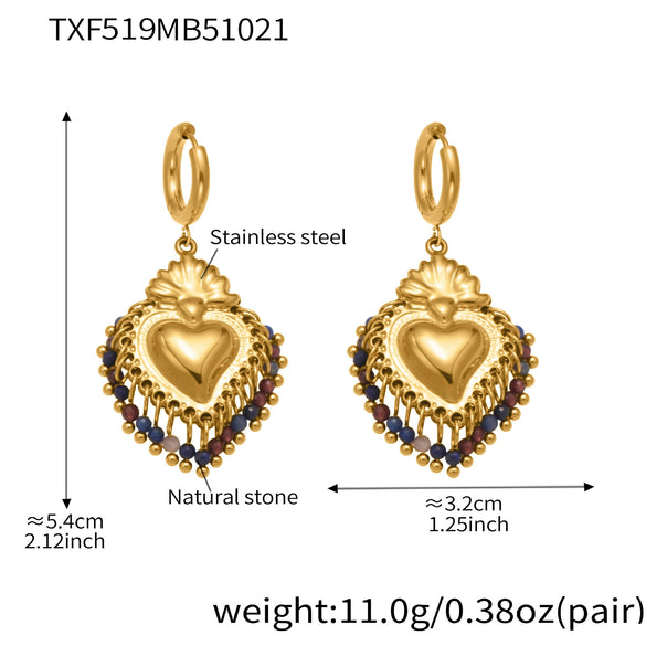 Wholesale Light Luxury Electroplated Stainless Steel Tassel Crown Heart Print Multiaccessory Pendant Necklace And Earrings Set For Women