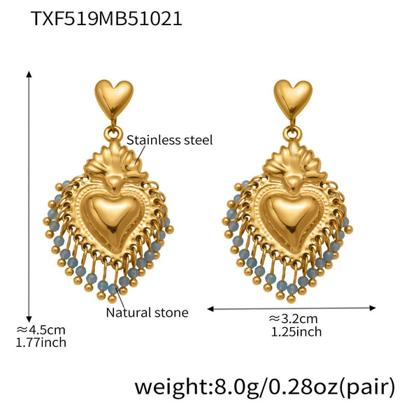 Wholesale Light Luxury Electroplated Stainless Steel Tassel Crown Heart Print Multiaccessory Pendant Necklace And Earrings Set For Women