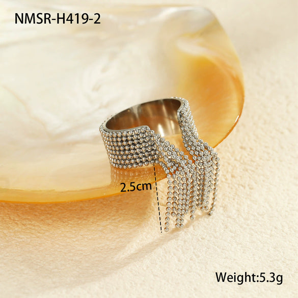 Wholesale Light Luxury Elegant Exaggerated Stainless Steel Ball Tassel Ring With Electroplating For Women