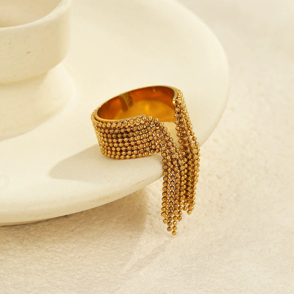 Wholesale Light Luxury Elegant Exaggerated Stainless Steel Ball Tassel Ring With Electroplating For Women