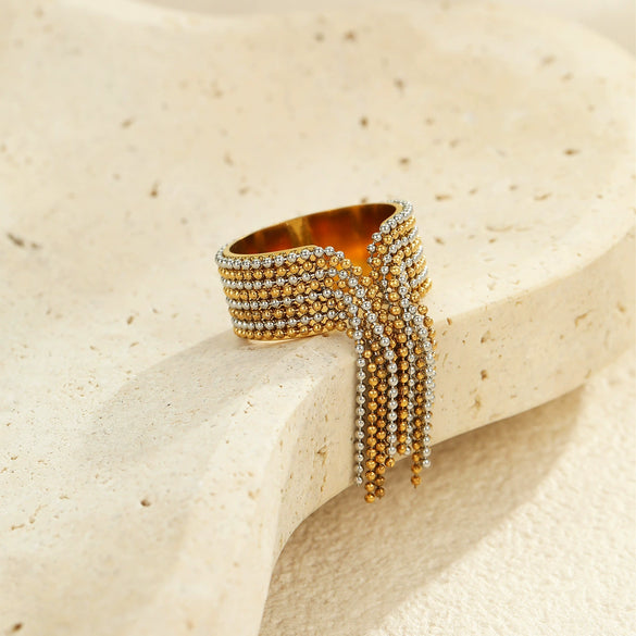 Wholesale Light Luxury Elegant Exaggerated Stainless Steel Ball Tassel Ring With Electroplating For Women
