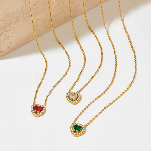 Wholesale Light Luxury Elegant Women's Love Jewelry Set With Emerald Zircon Stainless Steel Necklace Earrings Bracelet Electroplated
