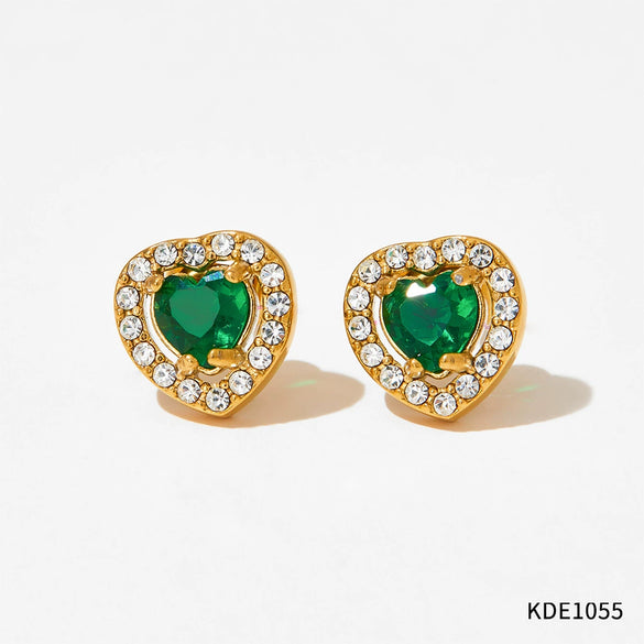 Wholesale Light Luxury Elegant Women's Love Jewelry Set With Emerald Zircon Stainless Steel Necklace Earrings Bracelet Electroplated