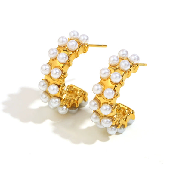 Wholesale Light Luxury Exquisite High Grade Women's Ear Jewelry Stainless Steel 18K Gold Plated Double Pearl Geometric Earrings