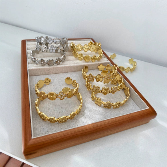 Wholesale Light Luxury Fashion Flower Round C Shape Adjustable Copper Gold Plated Couple Bracelet