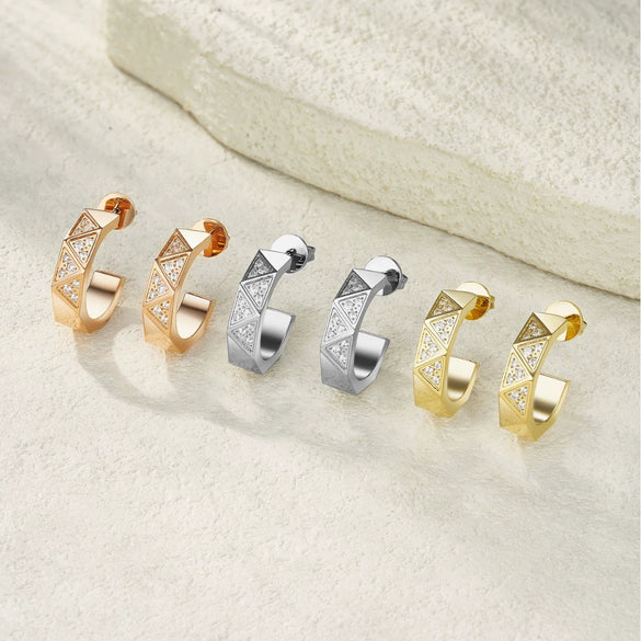 Wholesale Light Luxury Fashion Geometric Triangle And Rhombus Pattern Diamondencrusted Cshaped Titanium Steel And Stainless Steel Earrings Hoops And Studs Unisex Jewelry