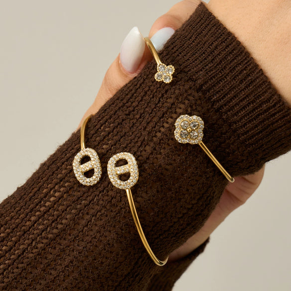 Wholesale Light Luxury Floral Geometric Open Thin Circle Bracelet Set Made Of 316L Ecofriendly Stainless Steel Inlaid With Rhinestones And Electroplated