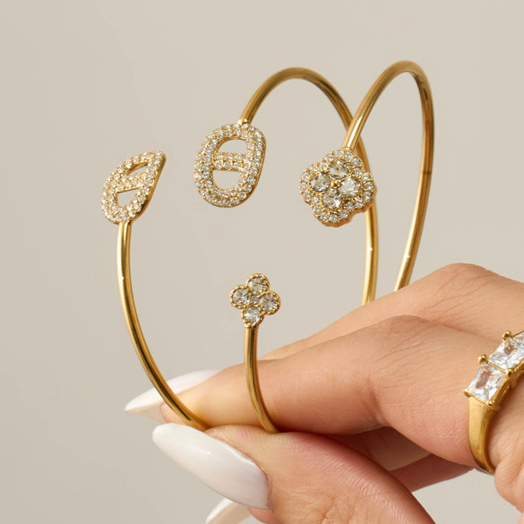 Wholesale Light Luxury Floral Geometric Open Thin Circle Bracelet Set Made Of 316L Ecofriendly Stainless Steel Inlaid With Rhinestones And Electroplated