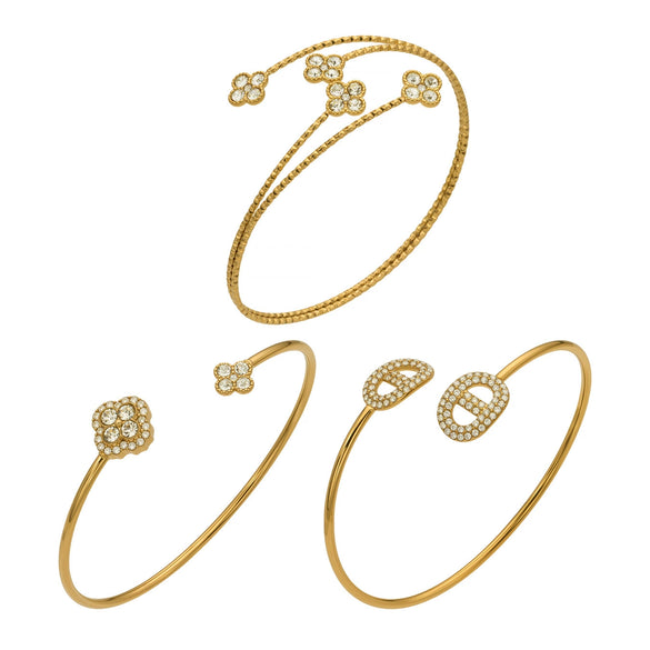 Wholesale Light Luxury Floral Geometric Open Thin Circle Bracelet Set Made Of 316L Ecofriendly Stainless Steel Inlaid With Rhinestones And Electroplated