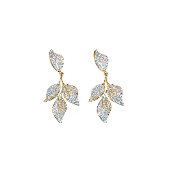 Wholesale Light Luxury French Retro Style Copper Leaf Zirconia Tassel Earrings For Women