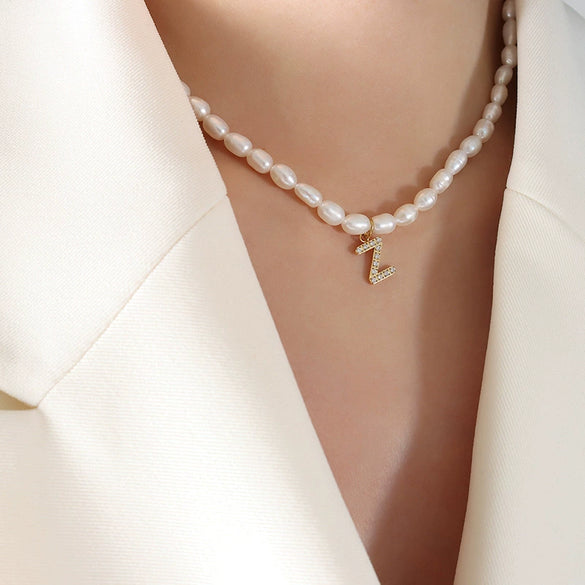 Wholesale Light Luxury Freshwater Pearl Necklace With Letter Pendant Titanium Steel Gold Plated Electroplated