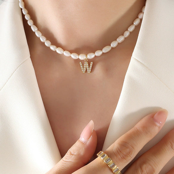 Wholesale Light Luxury Freshwater Pearl Necklace With Letter Pendant Titanium Steel Gold Plated Electroplated