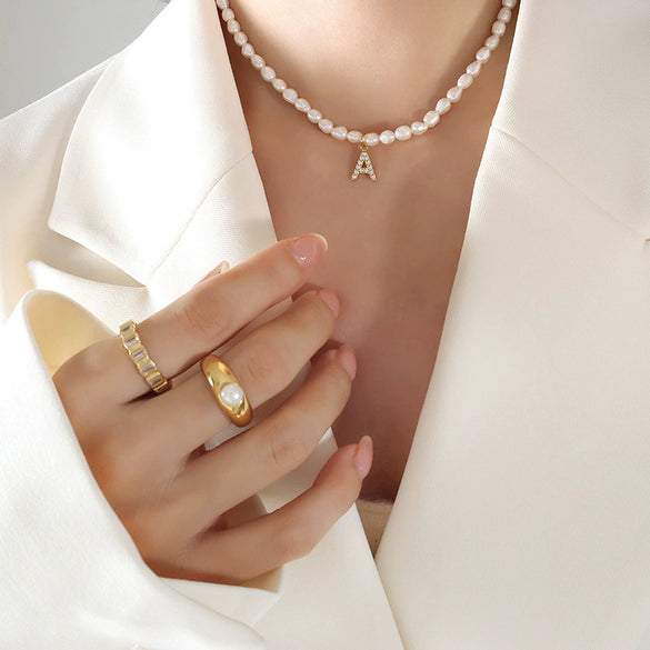 Wholesale Light Luxury Freshwater Pearl Necklace With Letter Pendant Titanium Steel Gold Plated Electroplated