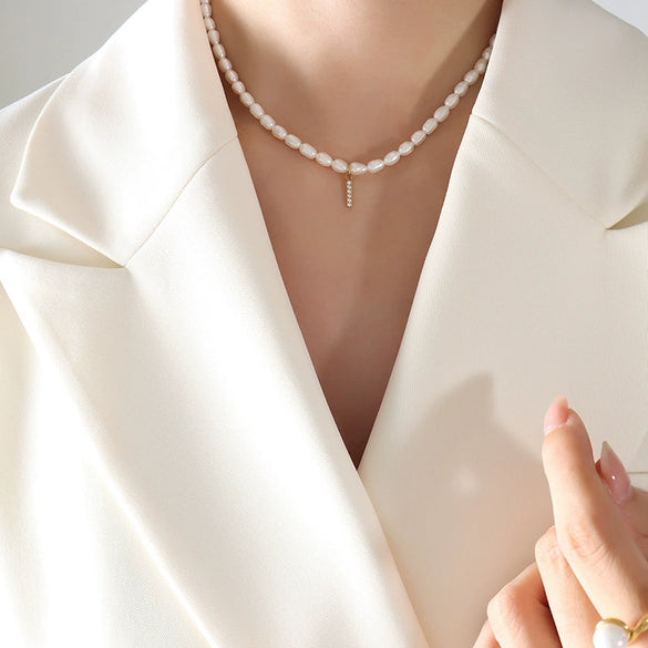 Wholesale Light Luxury Freshwater Pearl Necklace With Letter Pendant Titanium Steel Gold Plated Electroplated