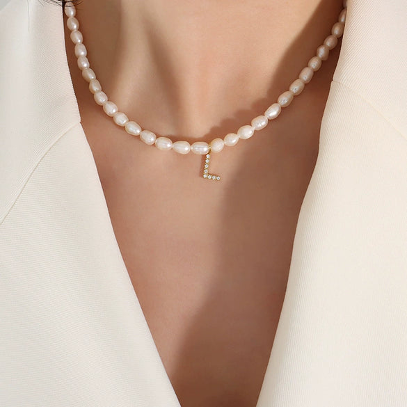 Wholesale Light Luxury Freshwater Pearl Necklace With Letter Pendant Titanium Steel Gold Plated Electroplated