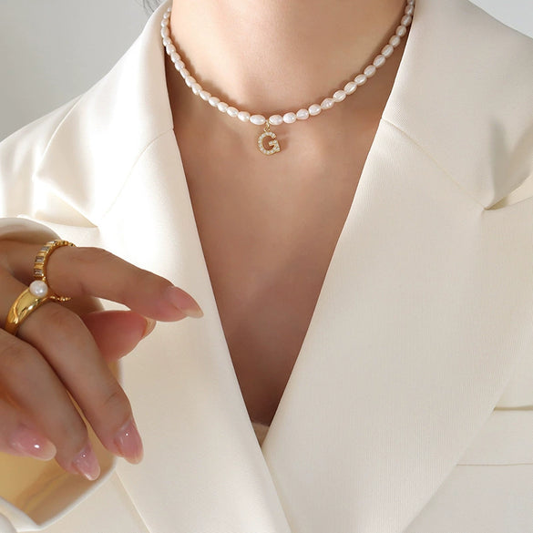 Wholesale Light Luxury Freshwater Pearl Necklace With Letter Pendant Titanium Steel Gold Plated Electroplated