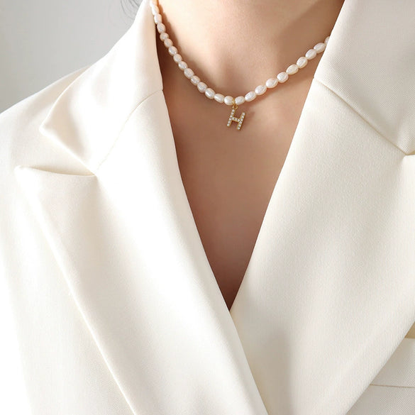 Wholesale Light Luxury Freshwater Pearl Necklace With Letter Pendant Titanium Steel Gold Plated Electroplated