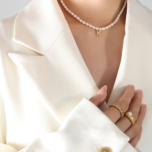 Wholesale Light Luxury Freshwater Pearl Necklace With Letter Pendant Titanium Steel Gold Plated Electroplated