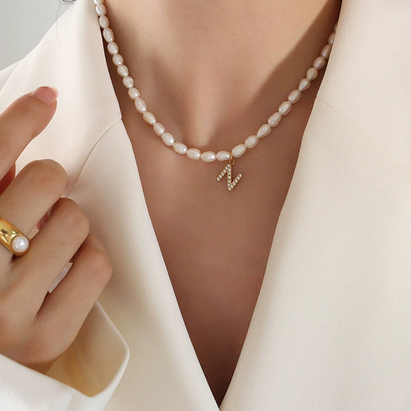 Wholesale Light Luxury Freshwater Pearl Necklace With Letter Pendant Titanium Steel Gold Plated Electroplated