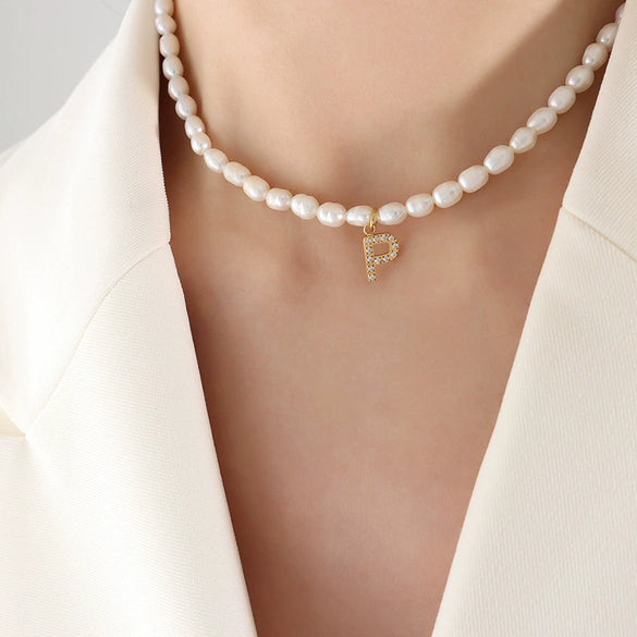 Wholesale Light Luxury Freshwater Pearl Necklace With Letter Pendant Titanium Steel Gold Plated Electroplated