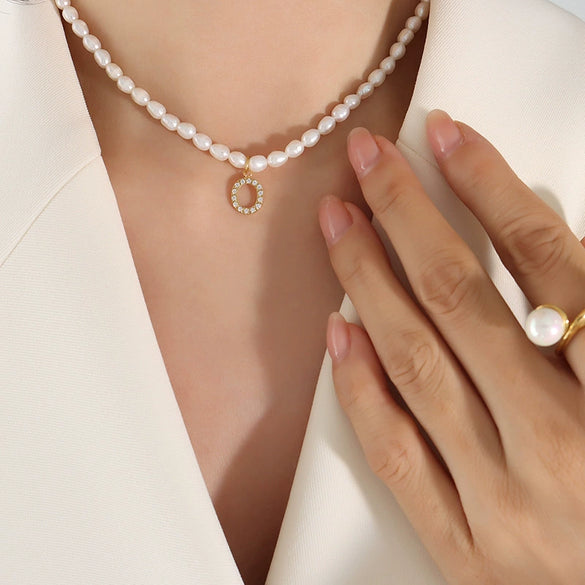 Wholesale Light Luxury Freshwater Pearl Necklace With Letter Pendant Titanium Steel Gold Plated Electroplated