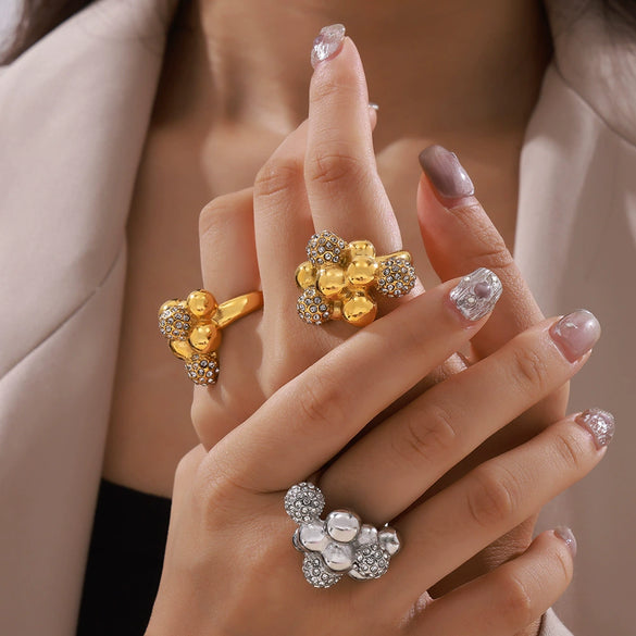 Wholesale Light Luxury Geometric Ball Diamond Ring For Women Titanium Steel 18K Gold Electroplated Fadingfree Jewelry