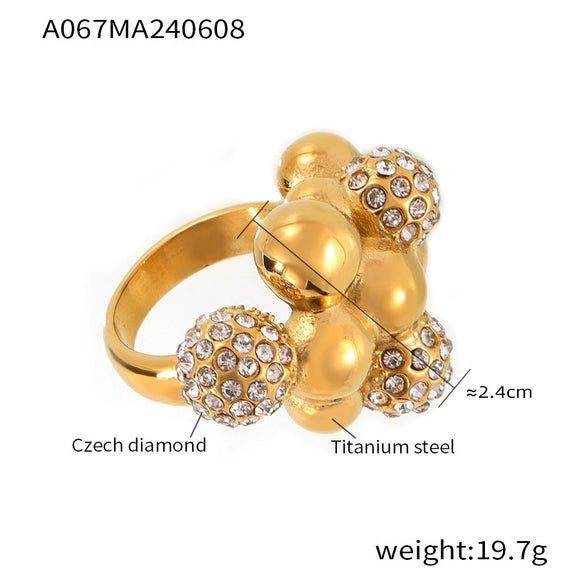 Wholesale Light Luxury Geometric Ball Diamond Ring For Women Titanium Steel 18K Gold Electroplated Fadingfree Jewelry