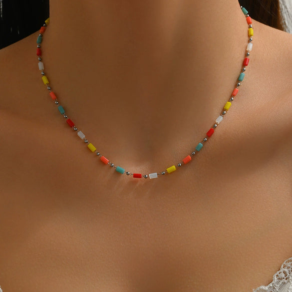 Wholesale Light Luxury Geometric Colorful Beaded Stainless Steel 18K Goldplated Necklace For Women