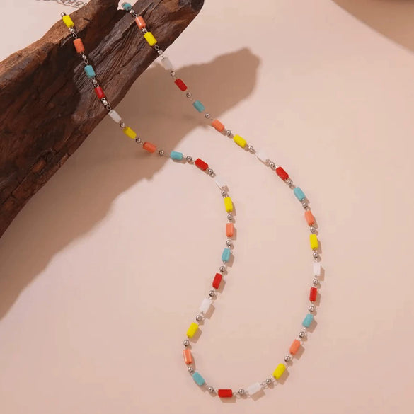 Wholesale Light Luxury Geometric Colorful Beaded Stainless Steel 18K Goldplated Necklace For Women