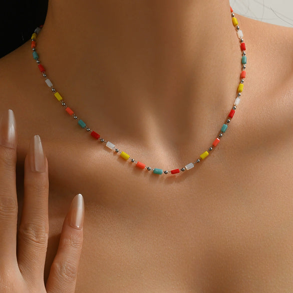 Wholesale Light Luxury Geometric Colorful Beaded Stainless Steel 18K Goldplated Necklace For Women