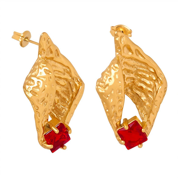 Wholesale Light Luxury Geometric Conchshaped Tassel Stainless Steel Earrings With Red Zircon Inlay For Women Electroplated