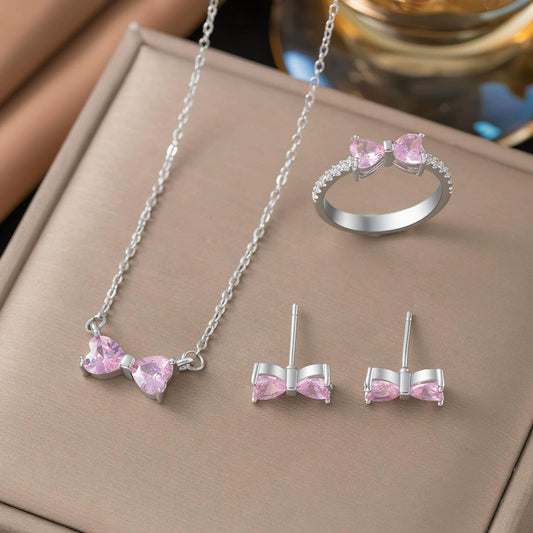 Wholesale Light Luxury Geometric Copper Electroplated Bowknot Zircon And Diamond Earrings Necklaces And Bracelets Set For Women