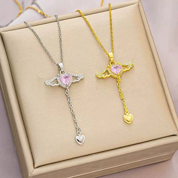 Wholesale Light Luxury Geometric Copper Zircon Inlaid Pendant Necklace With Movable Wings And Polished Plating For Couples