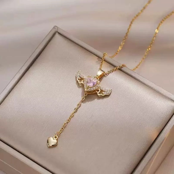 Wholesale Light Luxury Geometric Copper Zircon Inlaid Pendant Necklace With Movable Wings And Polished Plating For Couples