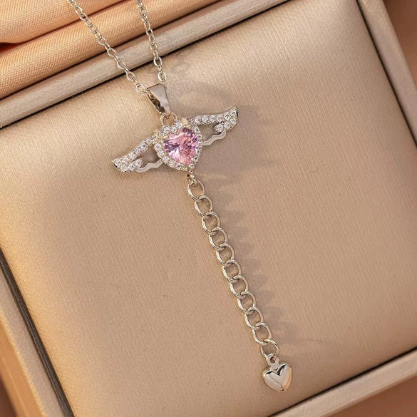 Wholesale Light Luxury Geometric Copper Zircon Inlaid Pendant Necklace With Movable Wings And Polished Plating For Couples