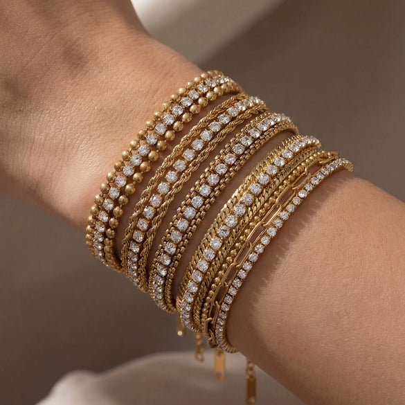 Wholesale Light Luxury Geometric Diamond Stainless Steel 18K Gold Plated Bracelet Jewelry Set For Women