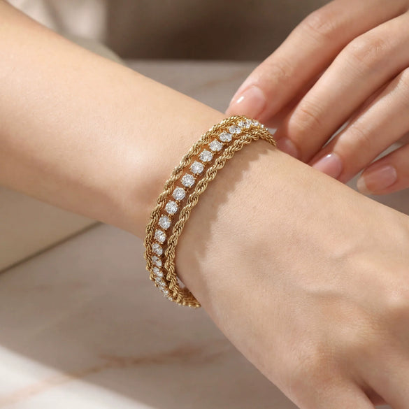 Wholesale Light Luxury Geometric Diamond Stainless Steel 18K Gold Plated Bracelet Jewelry Set For Women