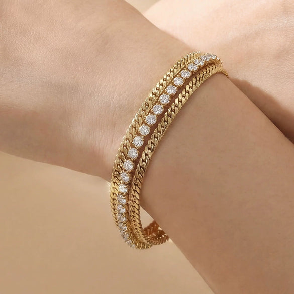 Wholesale Light Luxury Geometric Diamond Stainless Steel 18K Gold Plated Bracelet Jewelry Set For Women