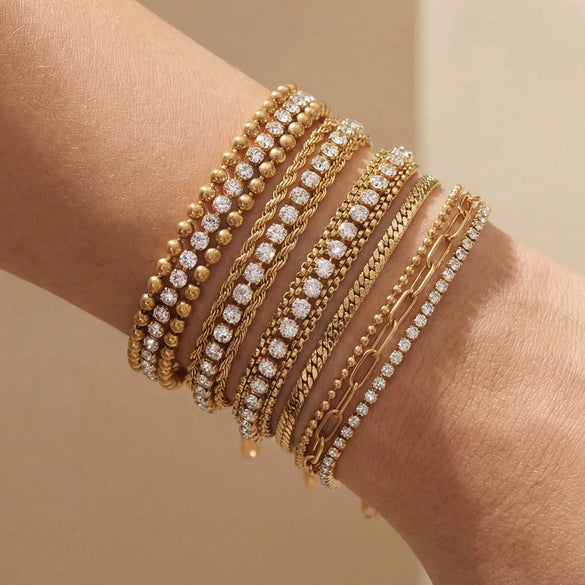 Wholesale Light Luxury Geometric Diamond Stainless Steel 18K Gold Plated Bracelet Jewelry Set For Women