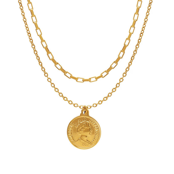 Wholesale Light Luxury Geometric Doublelayer Round Pendant Necklace For Women Titanium Steel Electroplated Flat Snake Chain