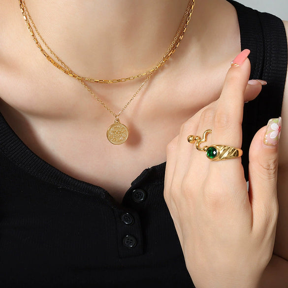 Wholesale Light Luxury Geometric Doublelayer Round Pendant Necklace For Women Titanium Steel Electroplated Flat Snake Chain