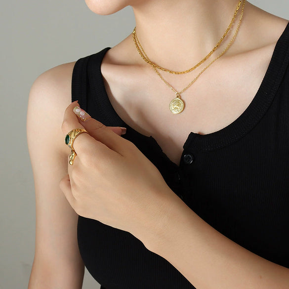 Wholesale Light Luxury Geometric Doublelayer Round Pendant Necklace For Women Titanium Steel Electroplated Flat Snake Chain