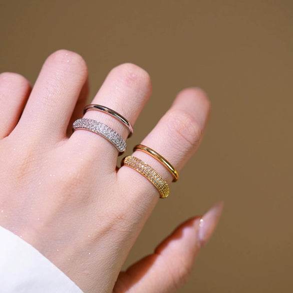Wholesale Light Luxury Geometric Doublelayer Zircon Open Metal Full Diamond Ring For Women Gold Plated Copper Electroplated